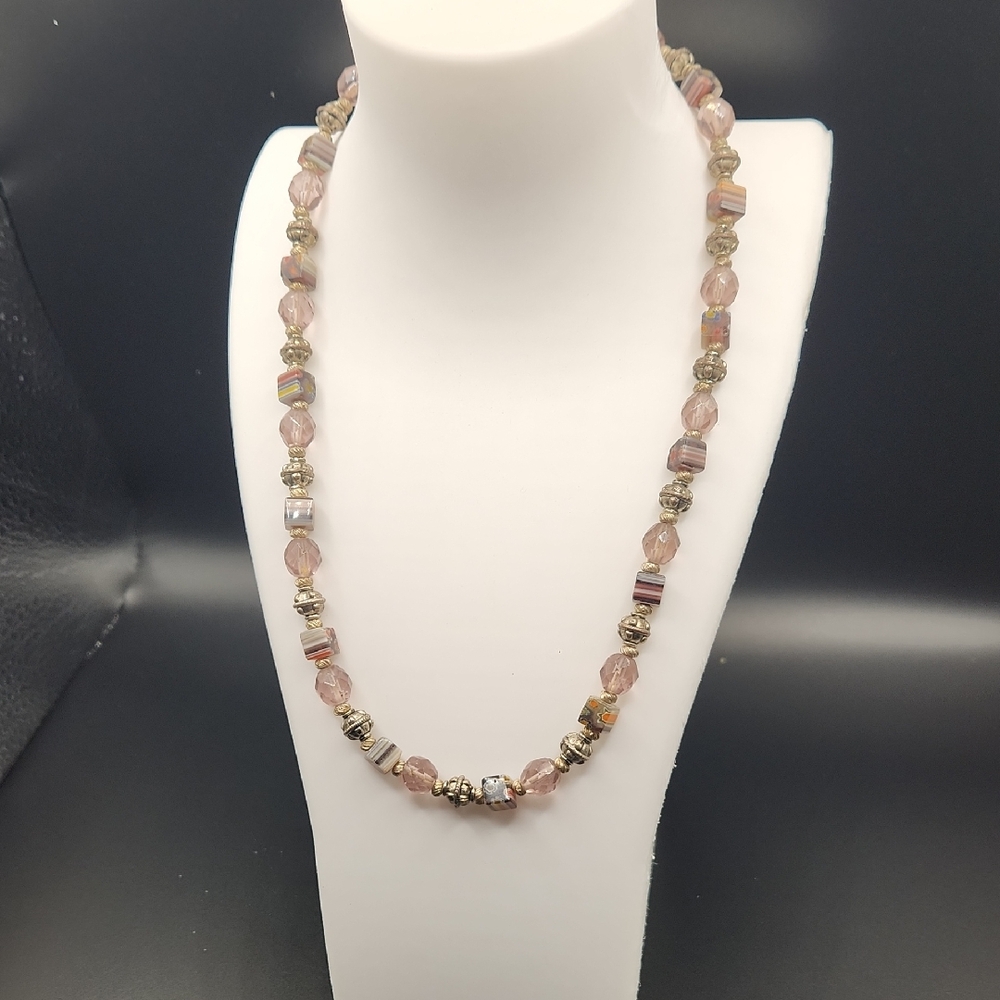 Glass  Beaded Necklace in Pink and Silver-tone.